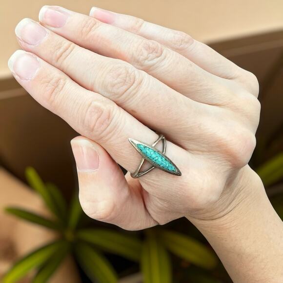Vintage Sterling Silver Turquoise Chip Inlay Southwest Marquise 925 Band Ring 8 - Picture 2 of 5